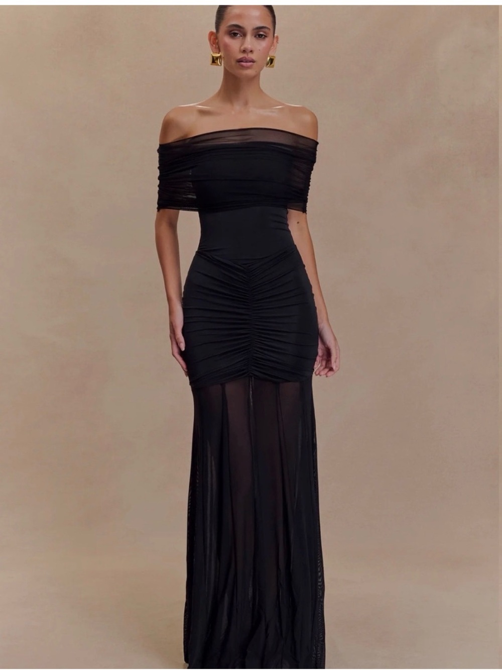 Meshki Strapless Black Mesh Panel Floor-Length Dress